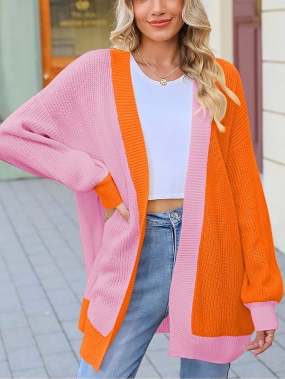 Oversized Colorblock Pink Orange Open Front Women's Cardigan Sweater pockets